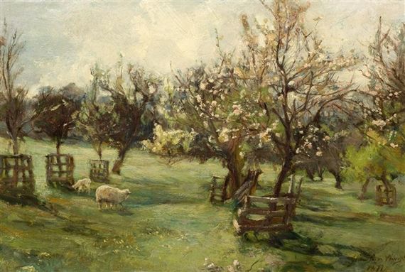 an oil painting of sheep grazing in a field with trees and fenced in area