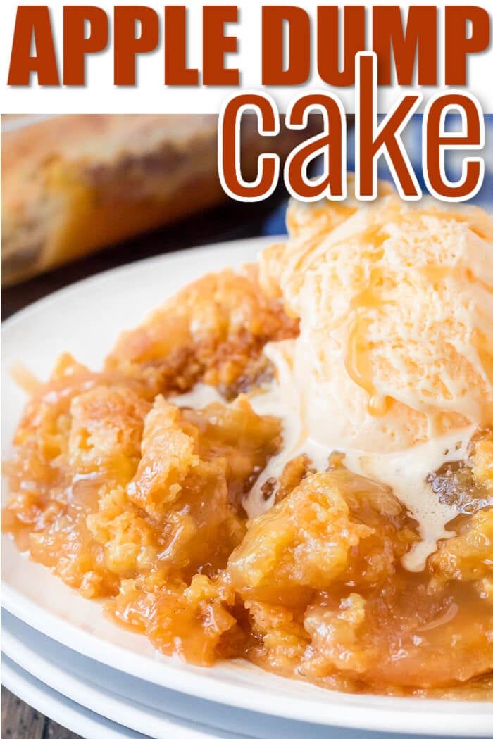 an apple dump cake on a plate with ice cream in the middle and text overlay that reads, apple dump cake