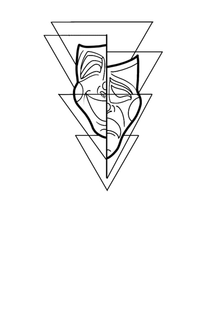 a black and white line drawing of two faces in an abstract triangle with the other half facing each other