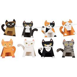 paper cutouts of cats hanging on a string with eyes open and one cat looking at the camera