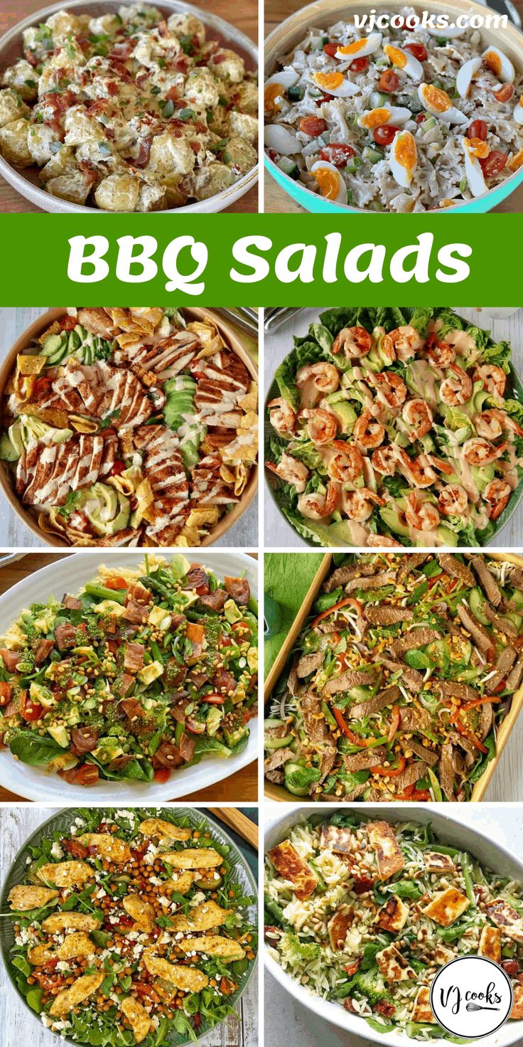 different salads are shown in this collage with the words bbq salads