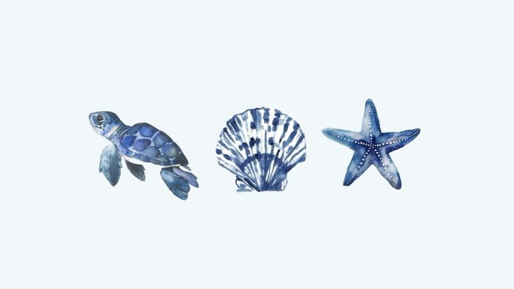 three sea animals are depicted in this watercolor painting, one is blue and the other is white