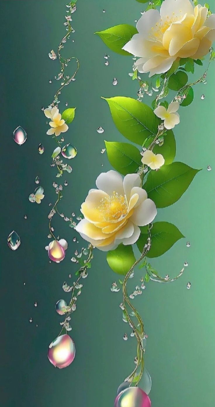 two yellow flowers with green leaves floating in water