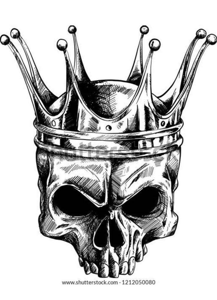 a skull with a crown on it's head, drawn in black and white