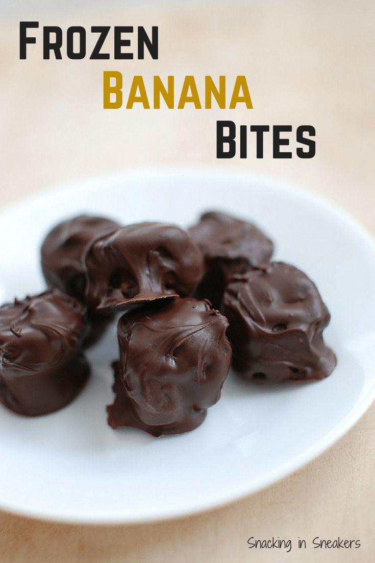 chocolate covered bananas on a white plate with text overlay that reads frozen banana bites