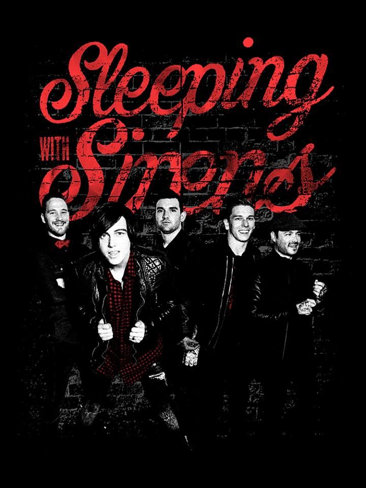 the band sleeping with sirens in front of a black brick wall and red lettering on it