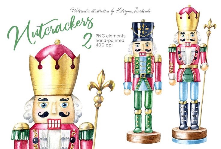 the nutcrackers are painted in watercolor and have gold crowns on their heads