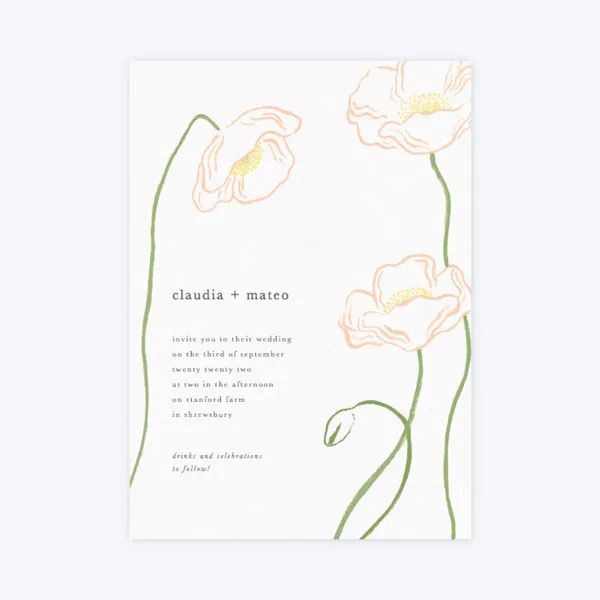 a wedding card with pink flowers on the front and green leaves on the back, which reads claudia + marco