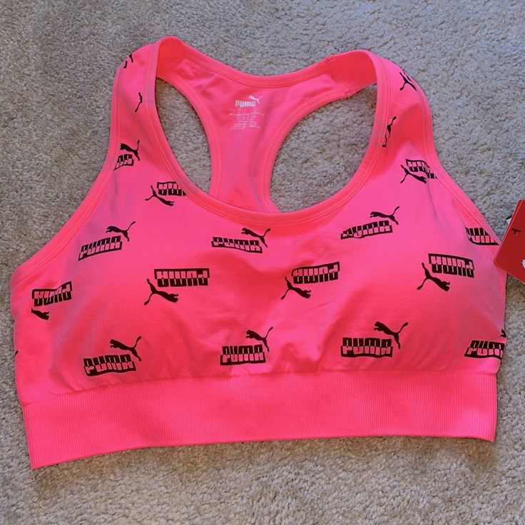 Nwt Vibrant Print Puma Sports Bra. Puma Logo Throughout In Black With Racerback Style. Pink Activewear For Sports Events And Season, Casual Sports Bra For Running, Pink Breathable Sports Bra, Pink Breathable Sports Bra For Sports Events, Pink Sports Bra For Sports Events, Pink Sporty Activewear For Light Sports, Pink Athleisure Activewear For Sports Events, Sporty Pink Activewear For Light Sports, Casual Pink Breathable Activewear