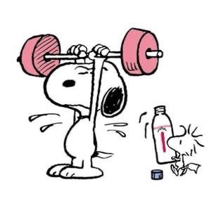 a cartoon dog lifting a barbell over his head with a bottle next to it