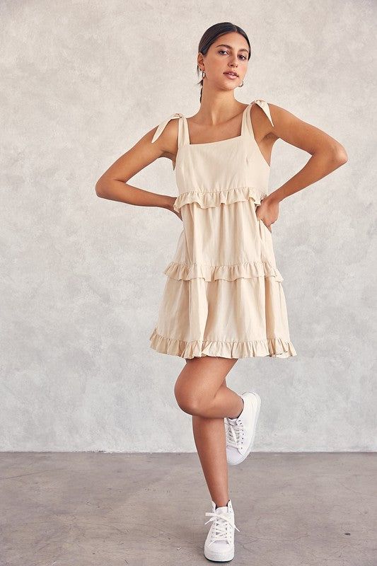 Tie strap tiered mini dress with square neckline. Square Necklines, Babydoll Dress, Baby Dolls, White Dress, Summer Dresses, Mini Dress, Dresses