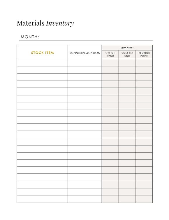 a printable inventory sheet with the text materials inventory month