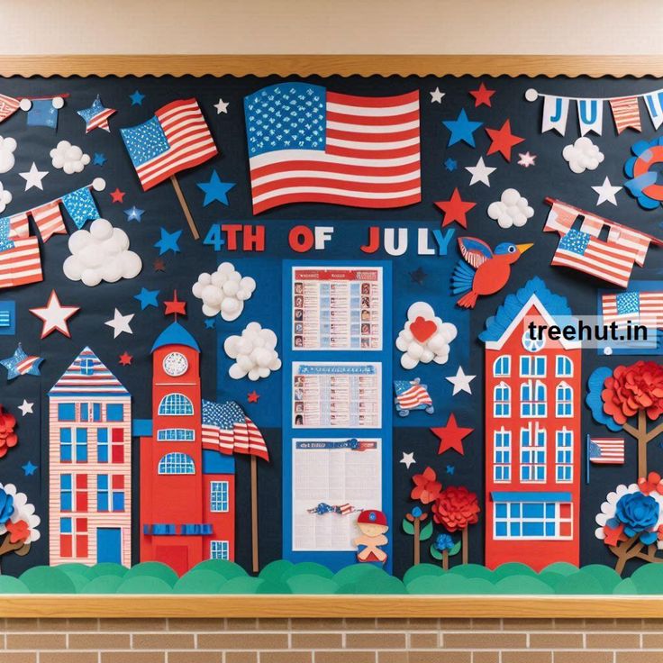 the fourth of july bulletin board is decorated with american flags