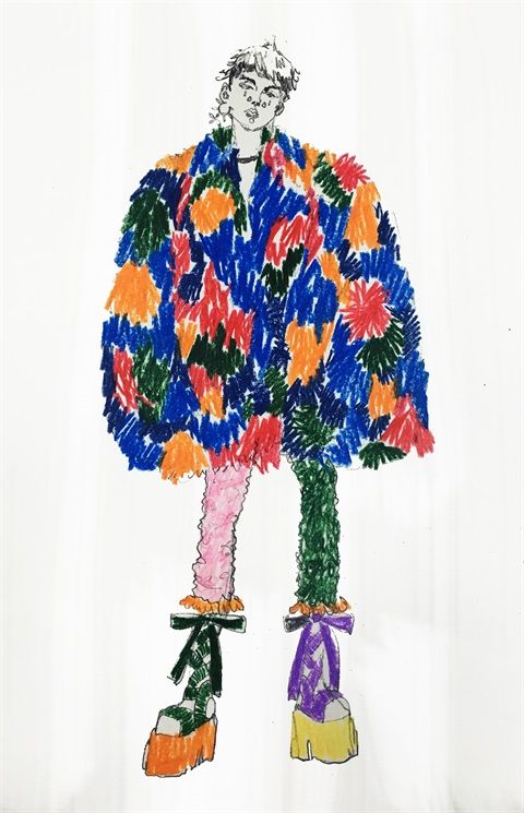 a child's drawing of a man in colorful clothes and high heeled shoes