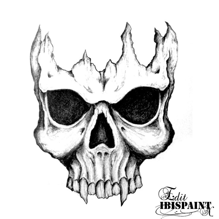 a drawing of a skull with flames coming out of it