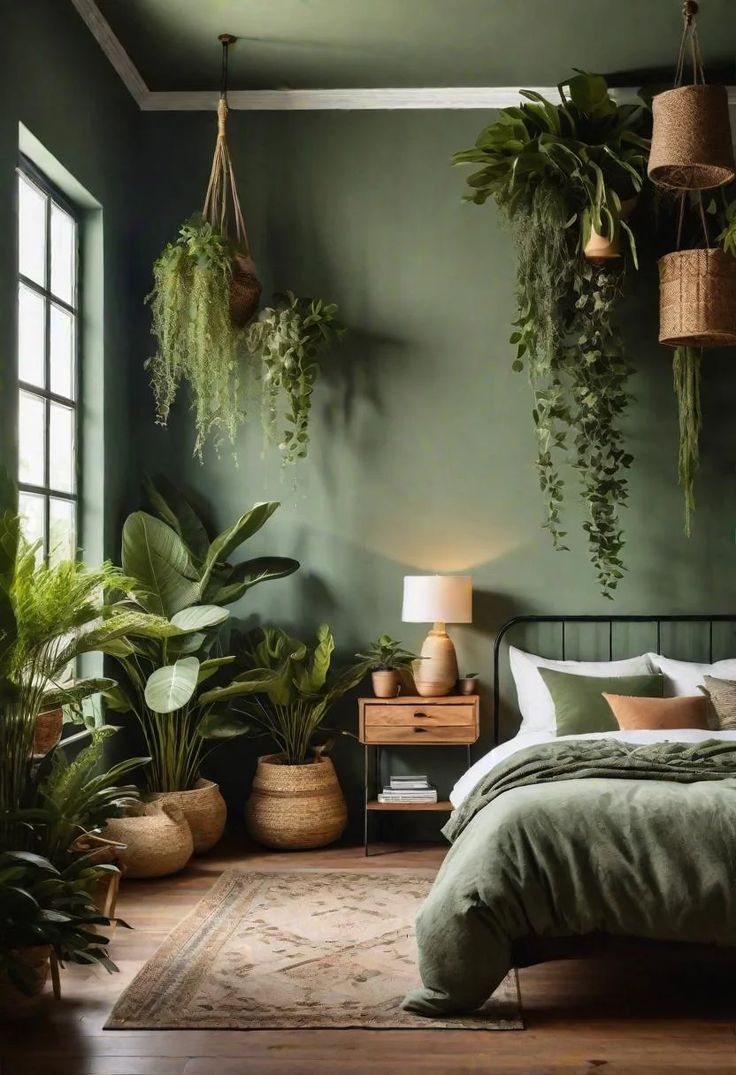 a bedroom with green walls and plants hanging from the ceiling