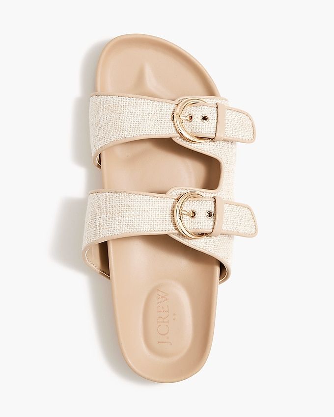 Factory: Double-buckle Slide Sandals For Women Trendy Sandals With Rectangular Buckle Closure, Flat Mules With Buckle Closure For Vacation, Beige Footbed Sandals With Buckle Closure For Vacation, Trendy Open Toe Footbed Sandals With Buckle Closure, Trendy Slides With Buckle Closure And Round Toe, Open Toe Slides With Tang Buckle For Beach, Trendy Slides With Buckle Closure For Vacation, Beach Sandals With Tang Buckle And Slide Shape, Vacation Open Toe Mules With Buckle Closure