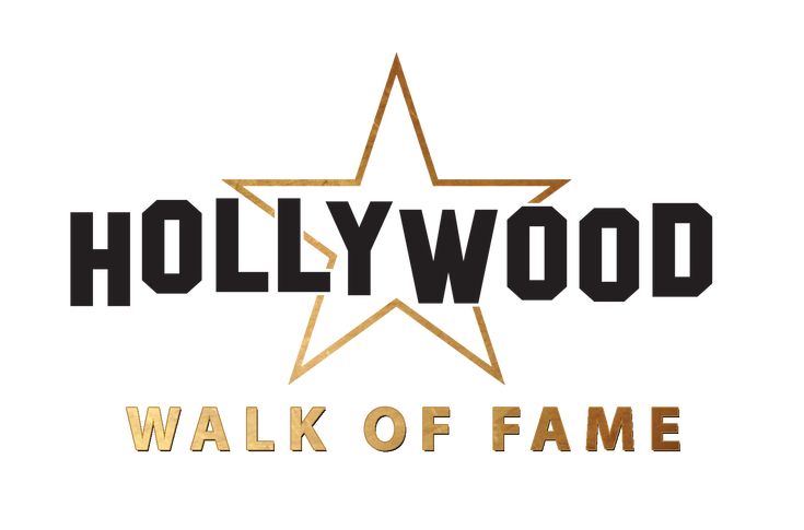 the hollywood walk of fame logo is shown in black and gold on a white background