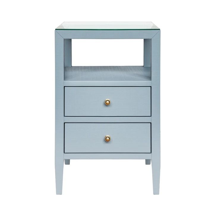 a blue night stand with two drawers on one side and gold knobs on the other