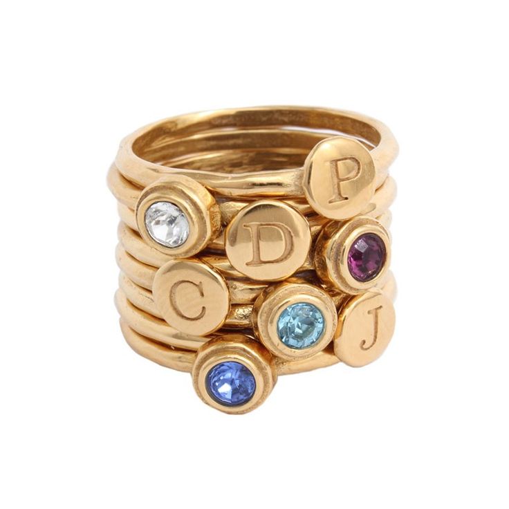 Stacking initial Rings and birthstone rings in gold are the perfect piece of birthstone jewelry for mom of four kids. Stacking Gold Rings, Mother's Rings, Gold Ring Stacking, Initial Rings, Stackable Birthstone Rings, September Birthstone Ring, Birthstone Stacking Rings, Stack Rings, September Birthstone Rings