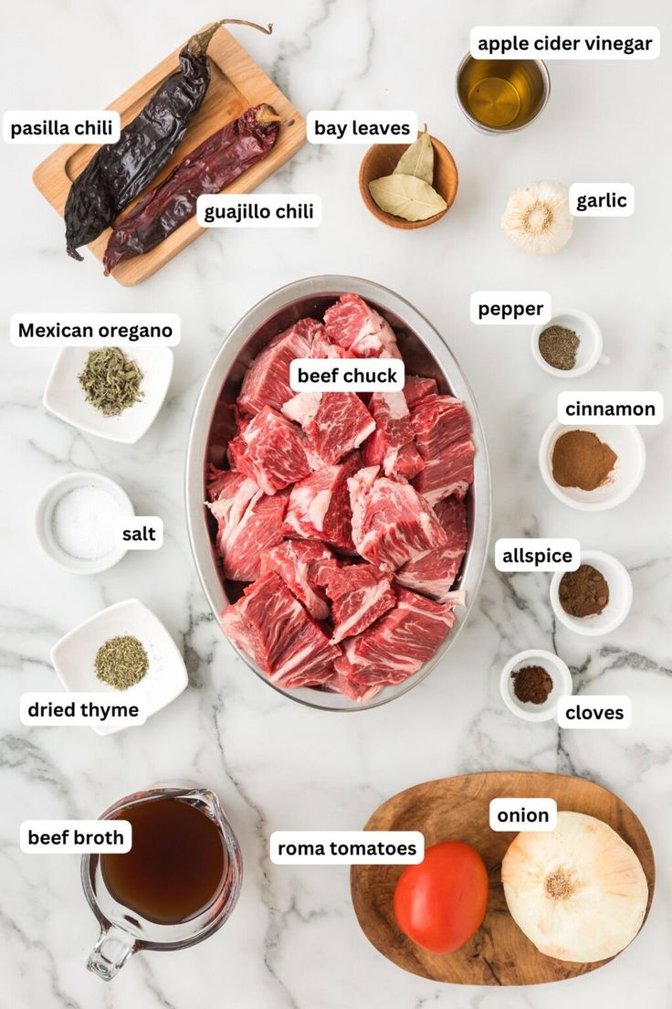 ingredients for beef stew laid out on a white marble counter top with text describing the ingredients