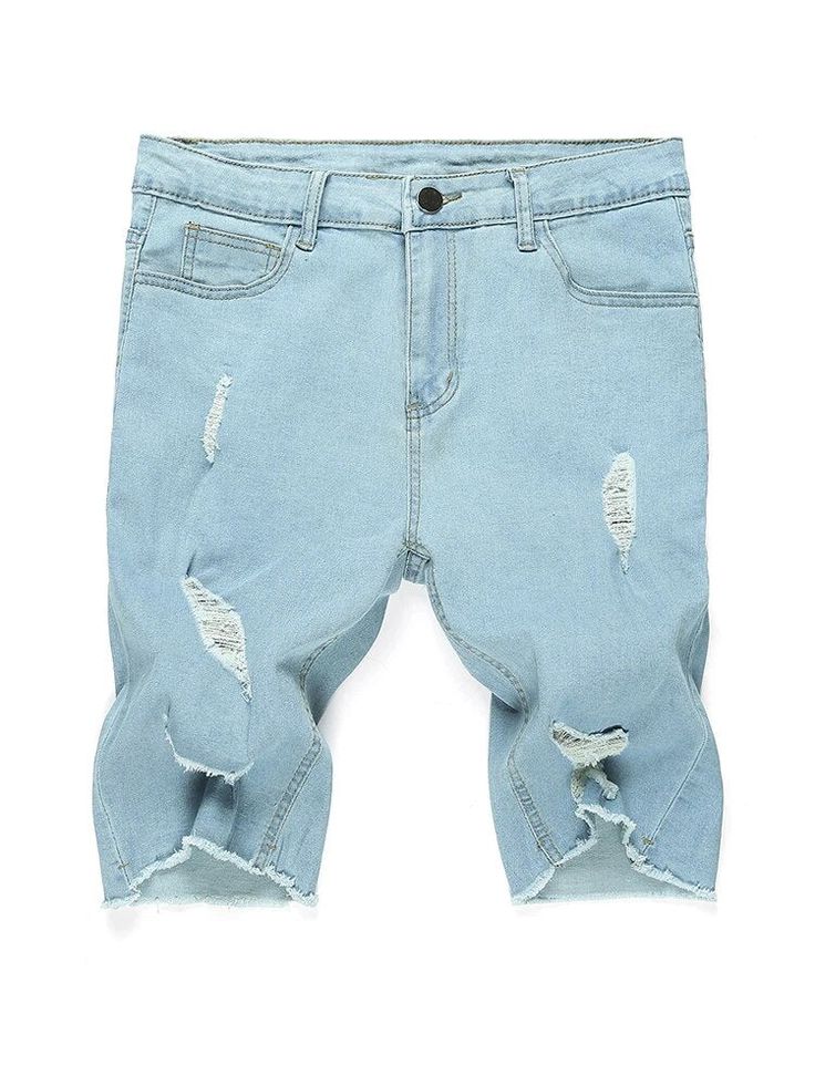 Add a stylish and comfortable touch to your wardrobe with these Men Stretch Light Blue Ripped Denim Shorts. Crafted from high-quality denim fabric, they are soft to the touch and allow for easy movement. They feature a distressed design with a washed-out look, adding dynamic style. Designed by 4COLORDRESS Ripped Shorts Men, Short Hombre, Light Blue Fashion, Mens Denim Shorts, Cut Clothes, Ripped Denim Shorts, Ripped Shorts, Skirt Trends, Sneaker Jewelry