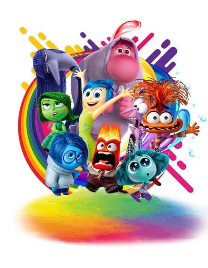 the movie poster for inside out, with characters from various animated films and colors that appear to be multicolored