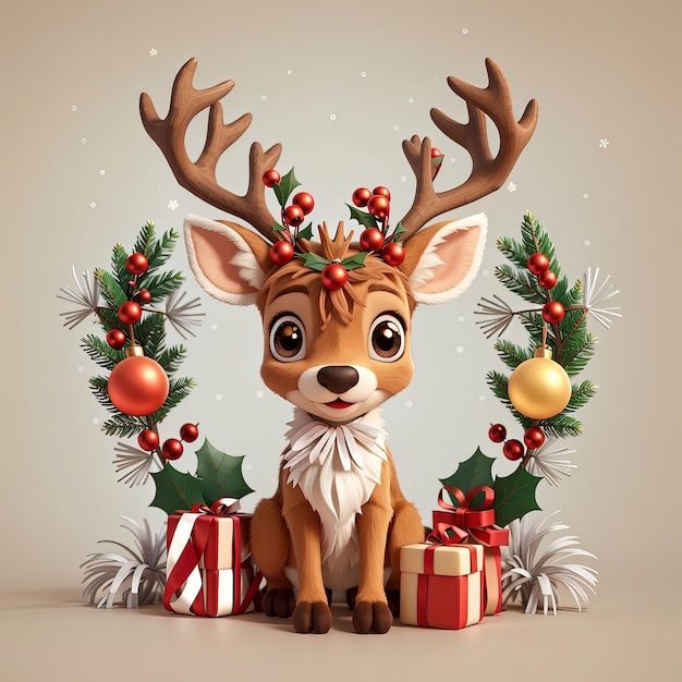 a reindeer sitting in front of christmas decorations and presents with antlers on his head