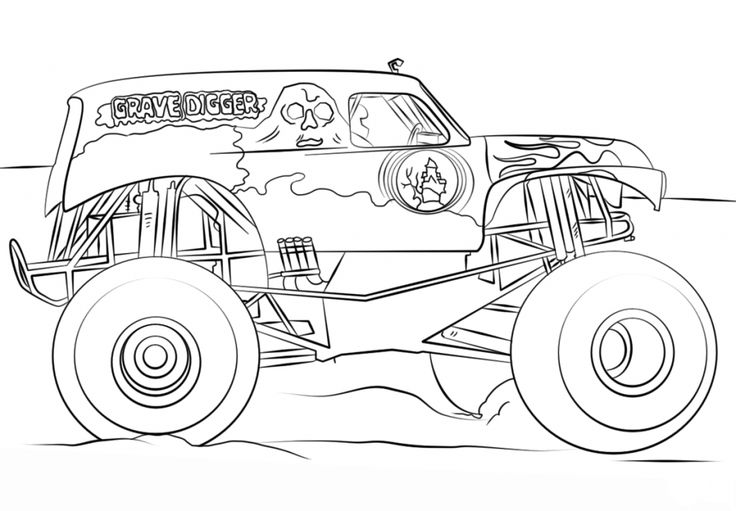 a monster truck with large wheels on it's side in the desert coloring page