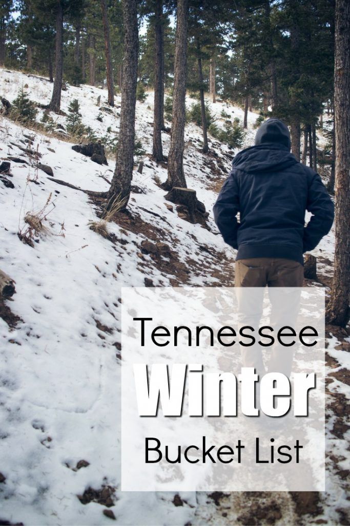 a man standing on top of a snow covered slope next to trees and text that reads tennessee winter bucket list