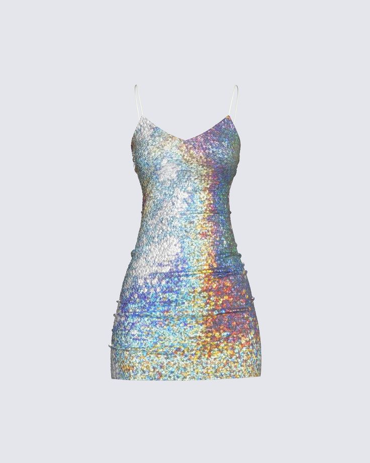 Show the crowds that you're great at reflecting 😂 but actually, this mini dress will have you sparkle and shine like an otherworldly gem 💎 Euphoria Dresses, Shine Clothes, Tour Outfits Ideas, 2000s Mini Dress, Alien Dress, Rainbow Sequin Dress, Neon Pink Dress, Holographic Dress, You're Great