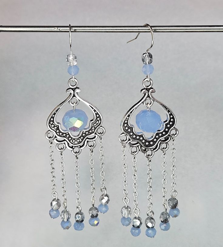 Light Blue Beaded Dangle Earrings - Etsy Silver Chandelier Earrings With Round Beads, Silver Chandelier Earrings With Faceted Beads, Silver Chandelier Earrings With Round Beads And Ear Wire, Blue Crystal Dangling Earrings, Silver Beaded Dangle Chandelier Earrings, Silver Dangle Earrings With Czech Glass, Silver Dangle Crystal Earrings With Faceted Beads, Blue Dangle Crystal Earrings With Dangling Beads, Dangle Chandelier Earrings With Silver Beads