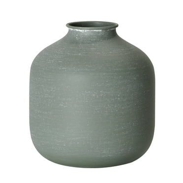 a large gray vase sitting on top of a white table