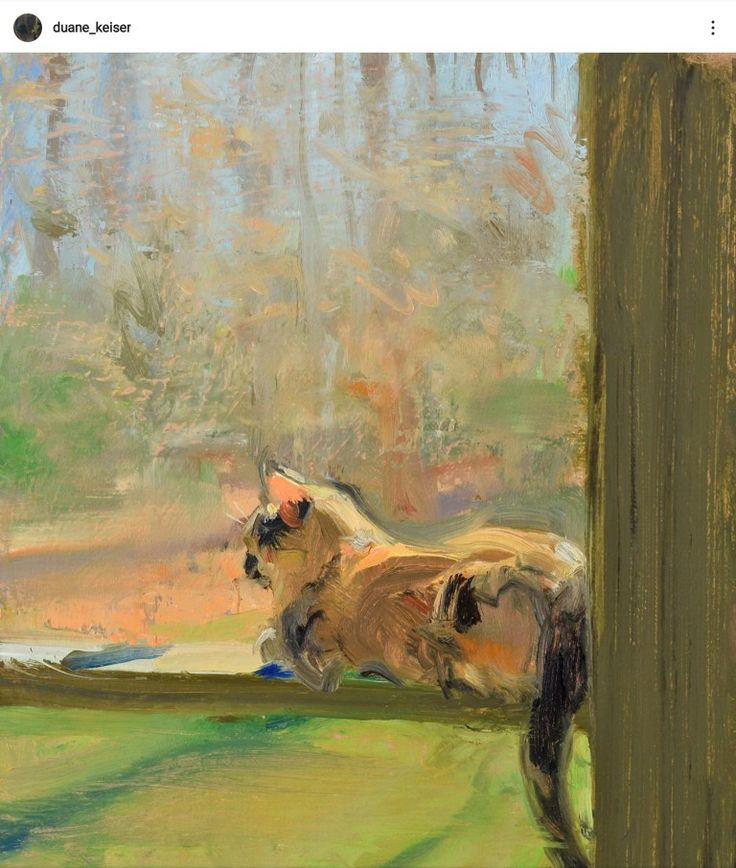 a painting of a cat sitting on a window sill