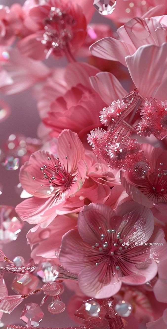 pink flowers are floating in the air with water droplets on them, and bubbles coming out of