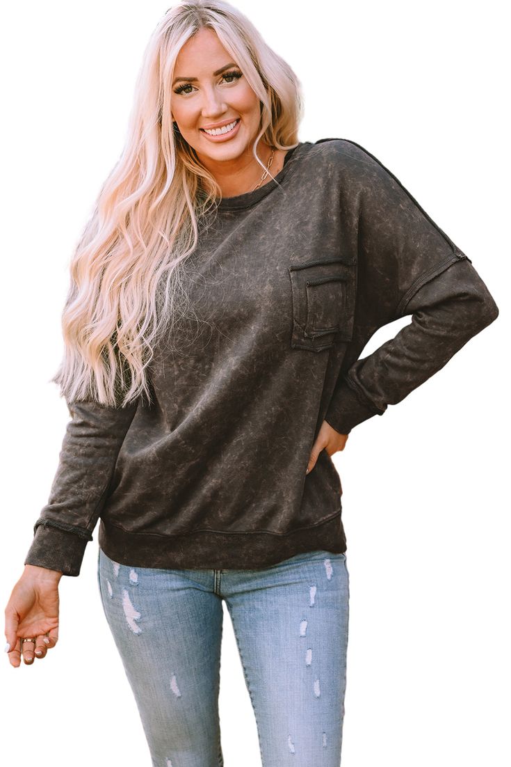 Stay cozy and chic with this acid wash sweatshirt. Featuring a crew neck and long sleeves for added warmth and style, it's made from high-quality material for everyday comfort.Tops > Sweatshirts & Hoodies Material: 65%Polyester+35%Cotton Pattern: solid Neckline: Round Neck Silhouette: Shift Occasion: Daily Style: casual Color: Grey Details: Pocket,Decoration Sleeve Length: Long Sleeve Trendy Washed Black Top With Pockets, Trendy Washed Sweatshirt For Spring, Comfortable Long Sleeve Soft-washed Sweater, Comfortable Soft-washed Long Sleeve Sweater, Soft-washed Comfortable Long Sleeve Sweater, Winter Washed Long Sleeve Tops, Washed Black Long Sleeve Sweater For Winter, Washed Black Long Sleeve Winter Sweater, Cozy Washed Tops For Fall