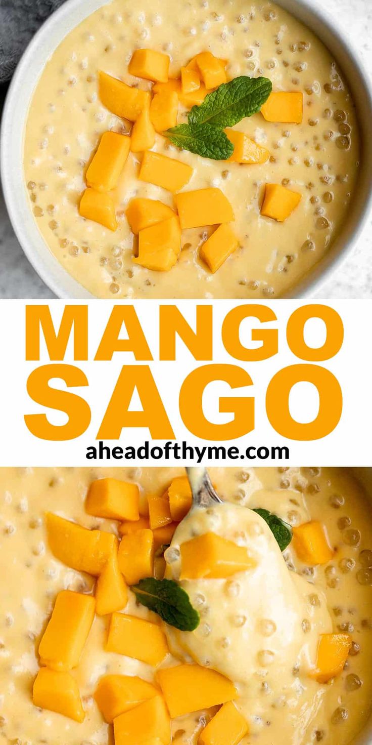 mango sago soup in a white bowl with mint garnish on the side