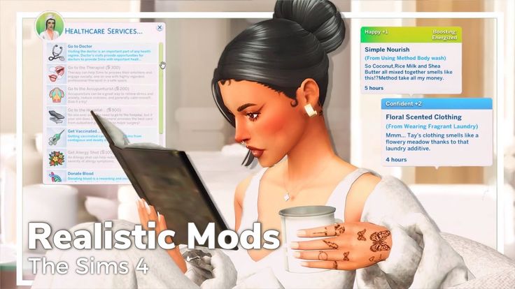 a woman is holding a cup and looking at a tablet screen with text reading realistic mods the sims 4