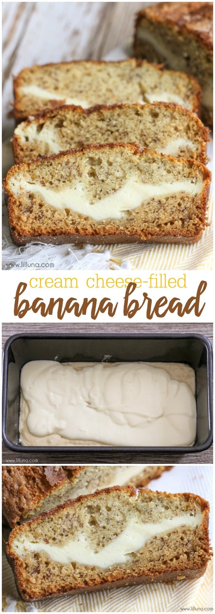 two pictures of banana bread with cream cheese on top, and the bottom photo is split in half