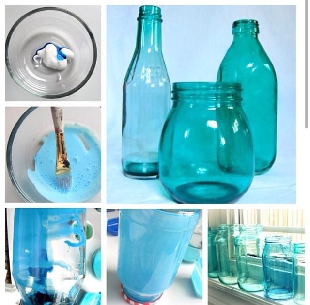 there are many different types of glass bottles in this photo and one has a toothbrush