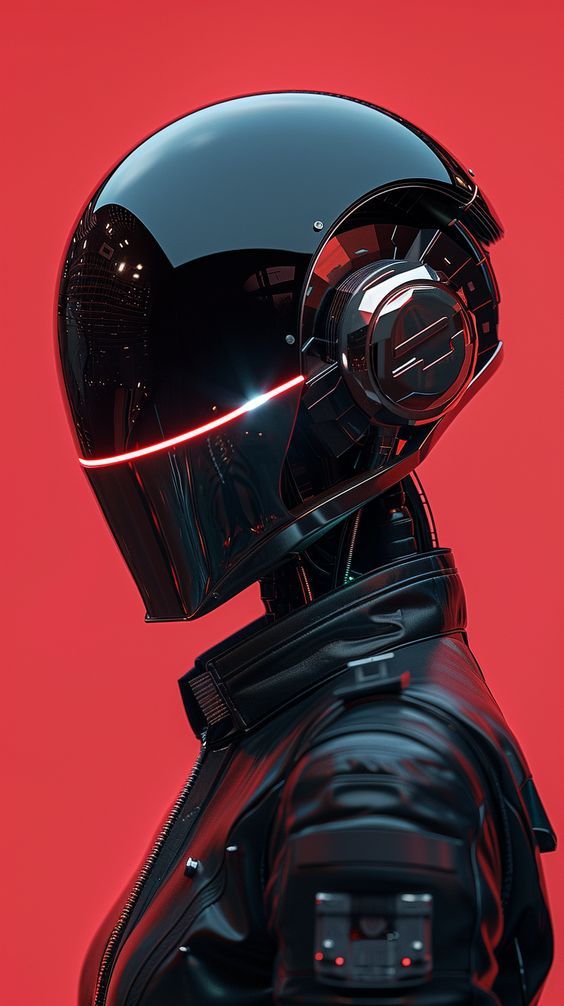 a futuristic man wearing a black helmet and holding a cell phone to his ear, against a red background