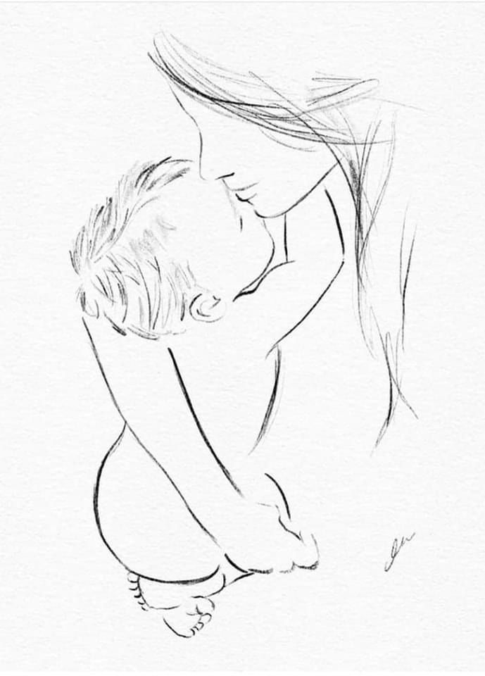 a black and white drawing of a woman hugging her baby's head with long hair