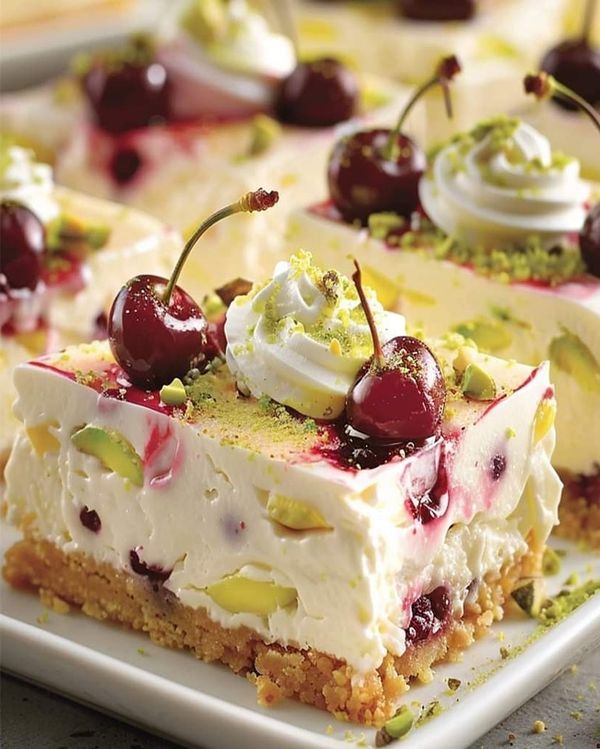 there are four desserts on the plate with cherries