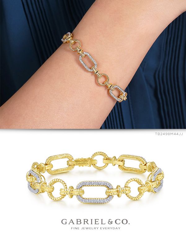 Constructed with alternating chain links and golden circles, this stunning 14k mix of yellow and white gold makes for a sparkling, iconic tennis bracelet. TB2498M44JJ #GabrielNY #DiamondJewelry #FineJewelry #FineJewelry#FashionJewelry#UniqueJewelry#GiftIdeas#UniqueGifts White Gold Diamond Bracelet, Gold Diamond Bracelet, Jewellery Trends, Antique Gold Jewelry Indian, Diy Jewelry Earrings, Antique Wedding Rings, Jewelry Drawing, Earring Trends, Bracelets Gold Diamond