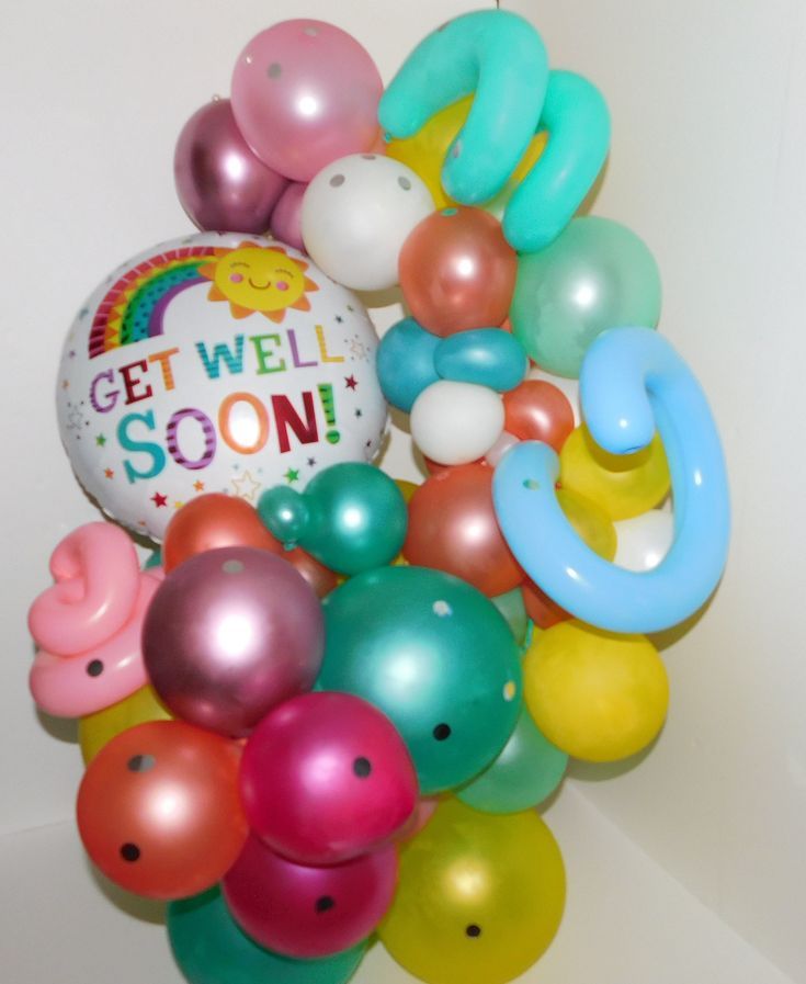 Beautiful Get Well Arrangement with a variety of color balloons  with one balloon that says get well soon! Get Well Soon Balloons Bouquet, Get Well Soon Balloons, Get Well Balloons, Balloon Arrangement, Balloons Bouquet, Balloon Business, Balloon Arrangements, Balloon Bouquet, Get Well Soon