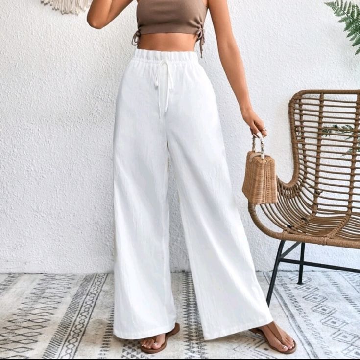 White Paperbag Waist Wide Leg Pants 100% Cotton White Cotton Wide Leg Pants For Vacation, Versatile White Pants For Spring, Versatile White Cotton Wide Leg Pants, Casual High Waist Wide Leg Pants For Spring, White Wide Leg Pants With Pockets For Day Out, White Cotton Wide Leg Pants For Day Out, Casual Wide Leg Ankle-length Pants For Day Out, Versatile White Pants For Vacation, Casual Ankle-length Wide Leg Pants For Day Out