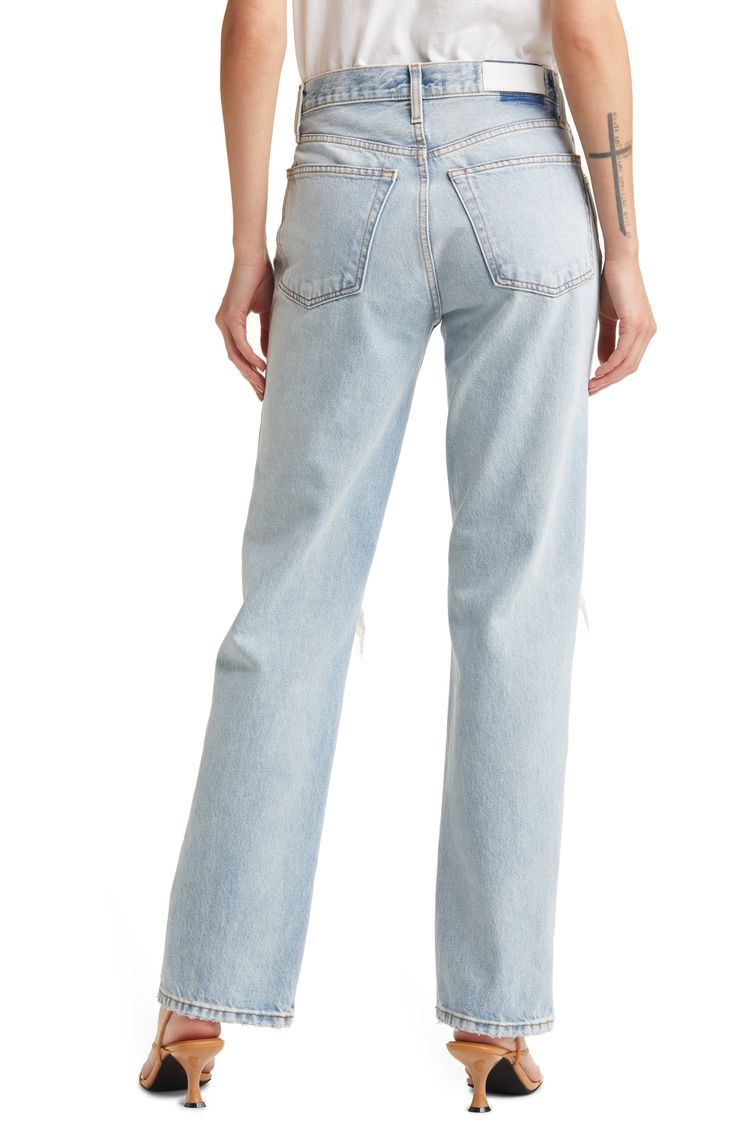 A high waist and a full-length inseam underscore the '90s-inspired style of these stylishly loose nonstretch jeans. 32" inseam; 17" leg opening; 12 1/2" front rise; 15" back rise (size 29) Button fly Five-pocket style 100% cotton Machine wash, tumble dry Made in Turkey Women's Clothing Classic High Rise Flare Jeans In Rigid Denim, Straight Rigid Denim Bottoms With Frayed Hem, 90s Style Wide Leg Medium Wash Jeans, Light Wash Straight Fit Bottoms With Standard Cut Leg, 90s Relaxed Fit Wide Leg Jeans, 90s Wide Leg Relaxed Fit Jeans, 90s Style Relaxed Fit Wide Leg Jeans, Fitted Wide Leg Cropped Jeans In Rigid Denim, Trendy Straight Fit Full Length Jeans