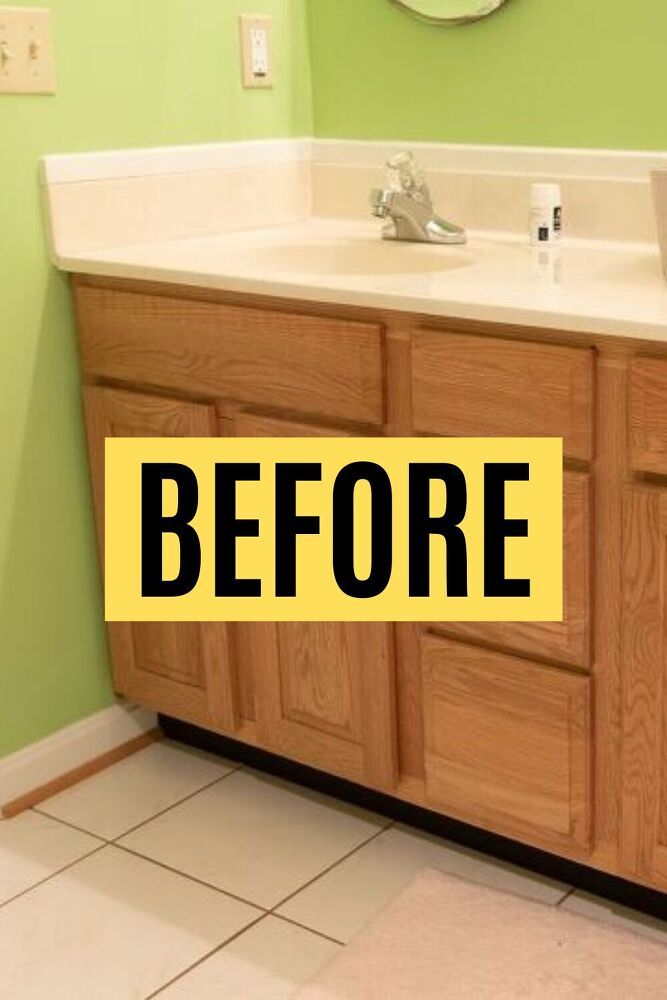 a bathroom with two sinks and a mirror above the sink that says before it is painted green