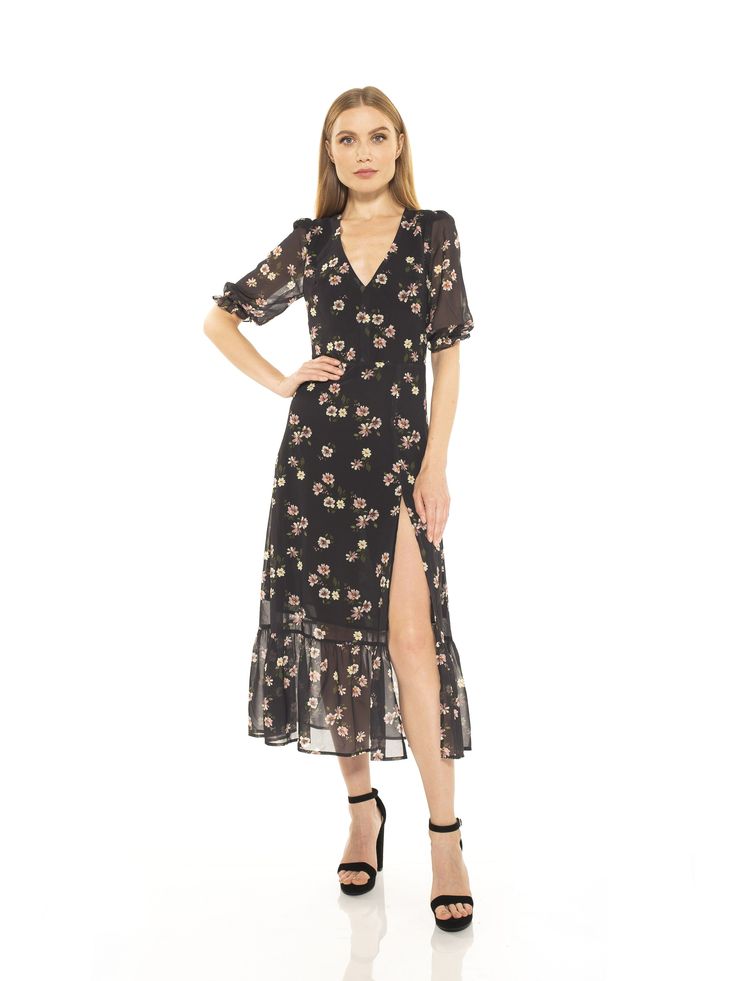 TINSLEY V NECK SIDE SLIT RUFFLE DRESS - ALEXIA ADMOR Dress Guide, Floral Sheath Dress, Suede Dress, Midi Sheath Dress, Lace Sheath Dress, Midi Short Sleeve Dress, Midi Length Dress, Sheer Dress, Black Midi Dress