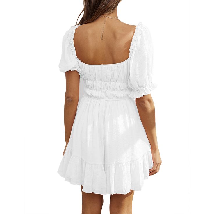 White Low Back Smocked Puff Sleeve Mini Dress Square Neck Puff Sleeve Dress With Ruffles For Vacation, Casual Puff Sleeve Dress With Ruffles For Beach, Vacation Puff Sleeve Dress With Square Neck And Ruffles, Vacation Puff Sleeve Dress With Ruffles And Square Neck, Casual Square Neck Smocked Dress For Day Out, Casual Smocked Square Neck Dress For Day Out, Casual Smocked Dress With Square Neck, Casual Smocked Dress With Square Neck For Day Out, Casual Loose Fit Puff Sleeve Dress